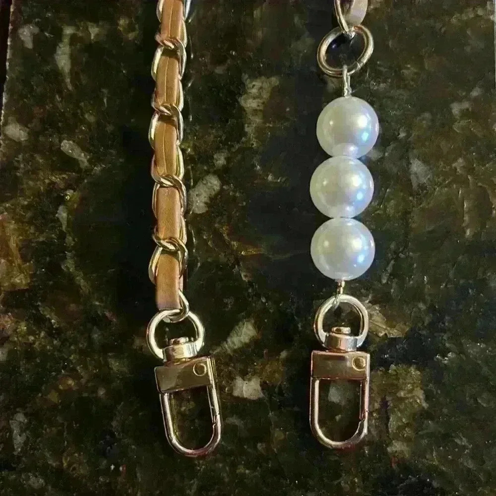 Faux Leather-Padded Crossbody Chain W/Pearl like accents  -beige -unbranded